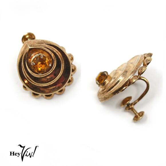 Vintage Screw Back Earrings Gold Ornate Curved Design Rhinestone 1.25" - Hey Viv - Picture 2 of 4